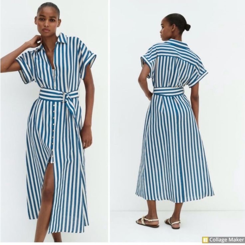 Zara Blue + White Striped Coastal Linen Blend Midi Dress, size XL